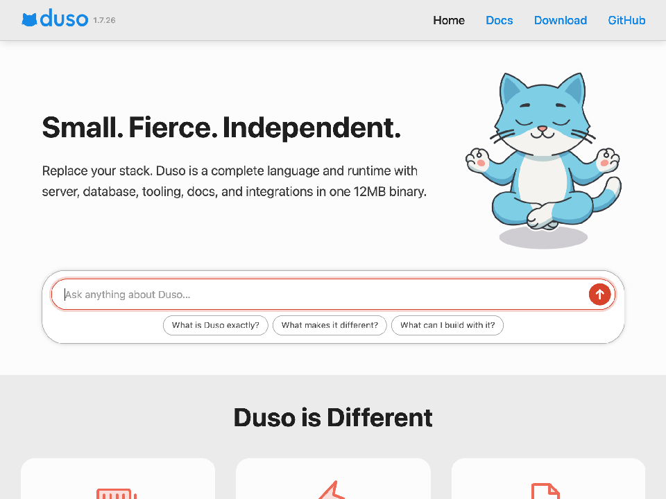 The Duso.rocks home page, with the Arland widget open under the header