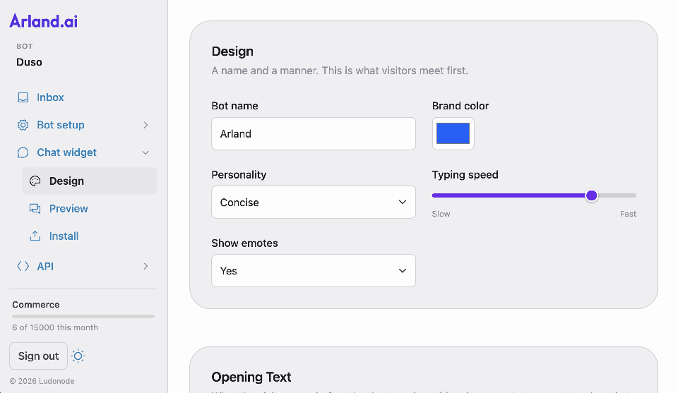 The Design screen, with fields for bot name, brand color, personality and typing speed