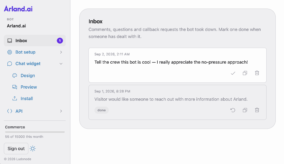 The Inbox screen, with messages the bot took down from visitors