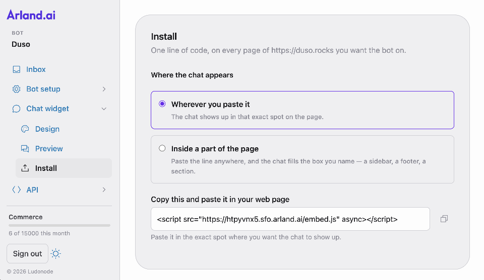 The Install screen, with the one script tag to copy into a web page
