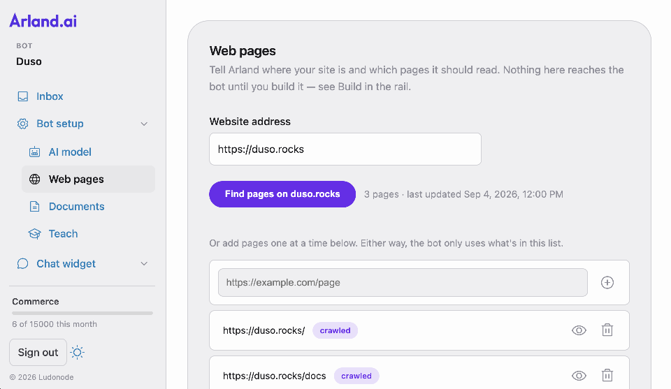 The Web pages screen, with a website address and the pages Arland crawled from it
